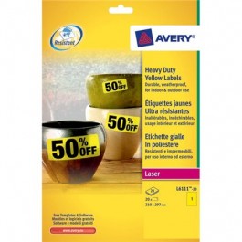 Lipnios etiketės Avery Zweckform, A4, atsparios drėgmei, 210x297mm, 1 etiketė lape, 20 lapų, geltonos spalvos